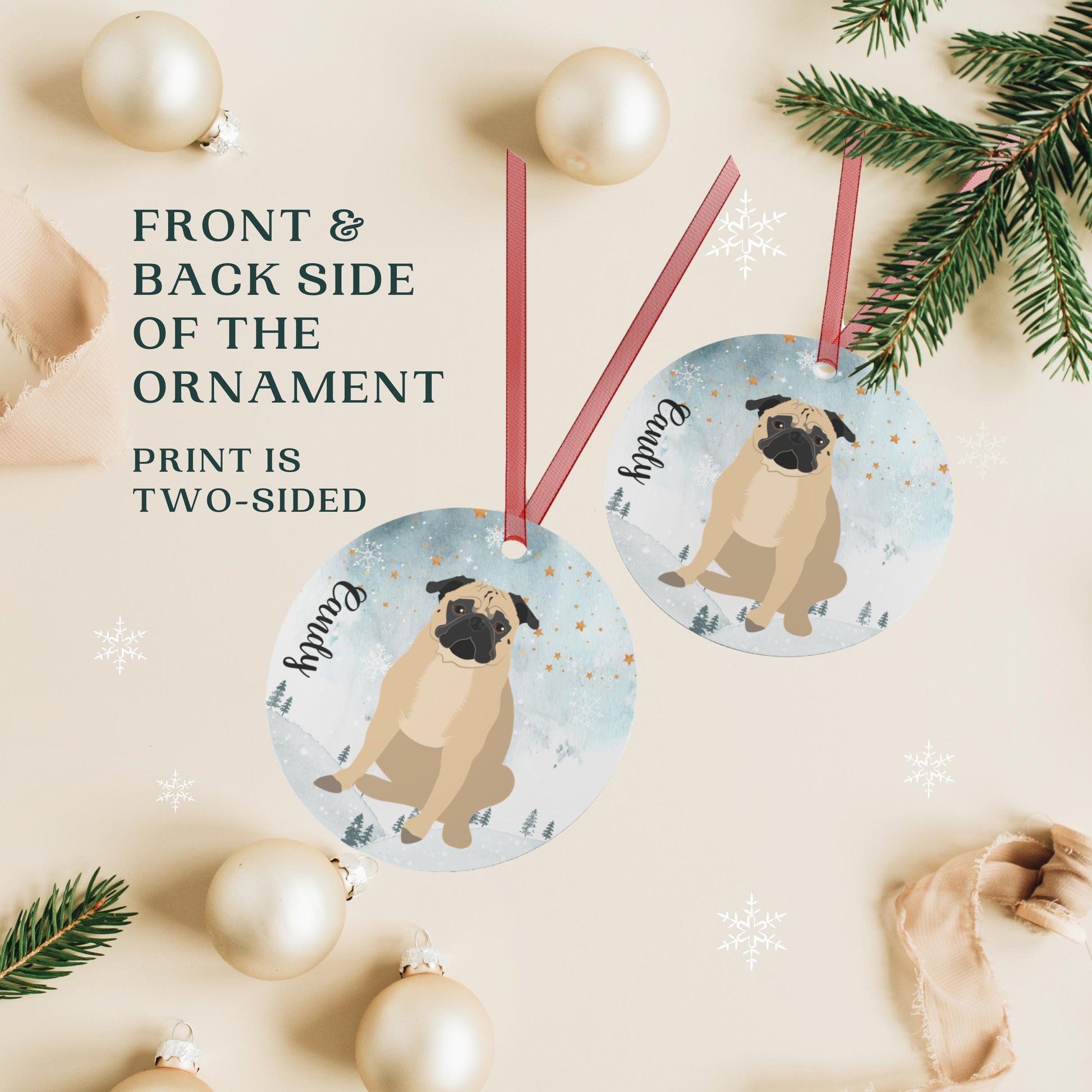 Christmas Pug Ornament, black pug gifts, metal ornament, pug holiday decor, dog first Christmas tree bauble, pug mom gift, new years gift