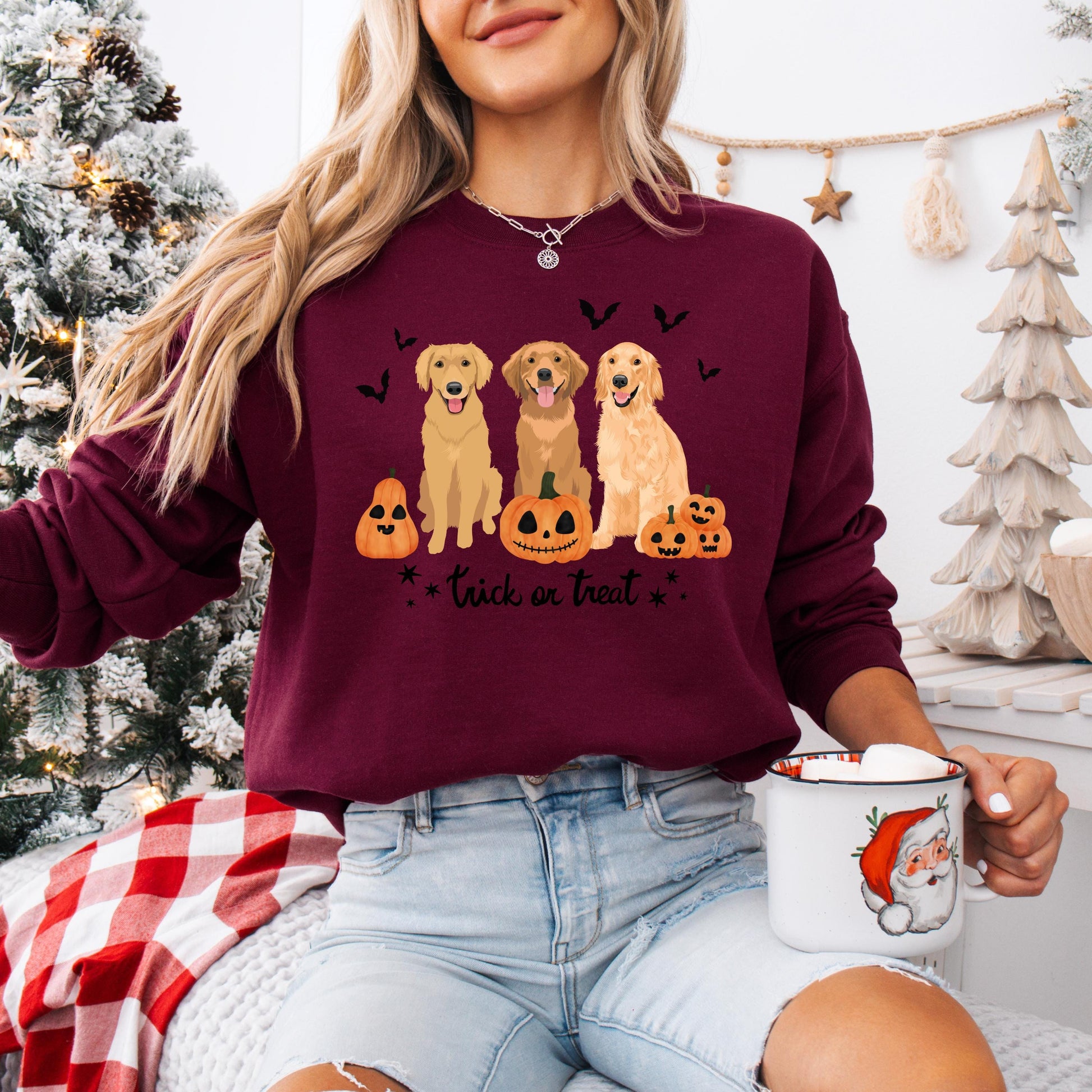 Halloween Golden retriever sweatshirt for trick treating, pumpkin dog shirt, ghost retriever, dog mom birthday gift, Christmas sweater