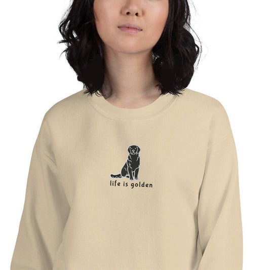 Embroidered black labrador sweatshirt with a text Life is golden