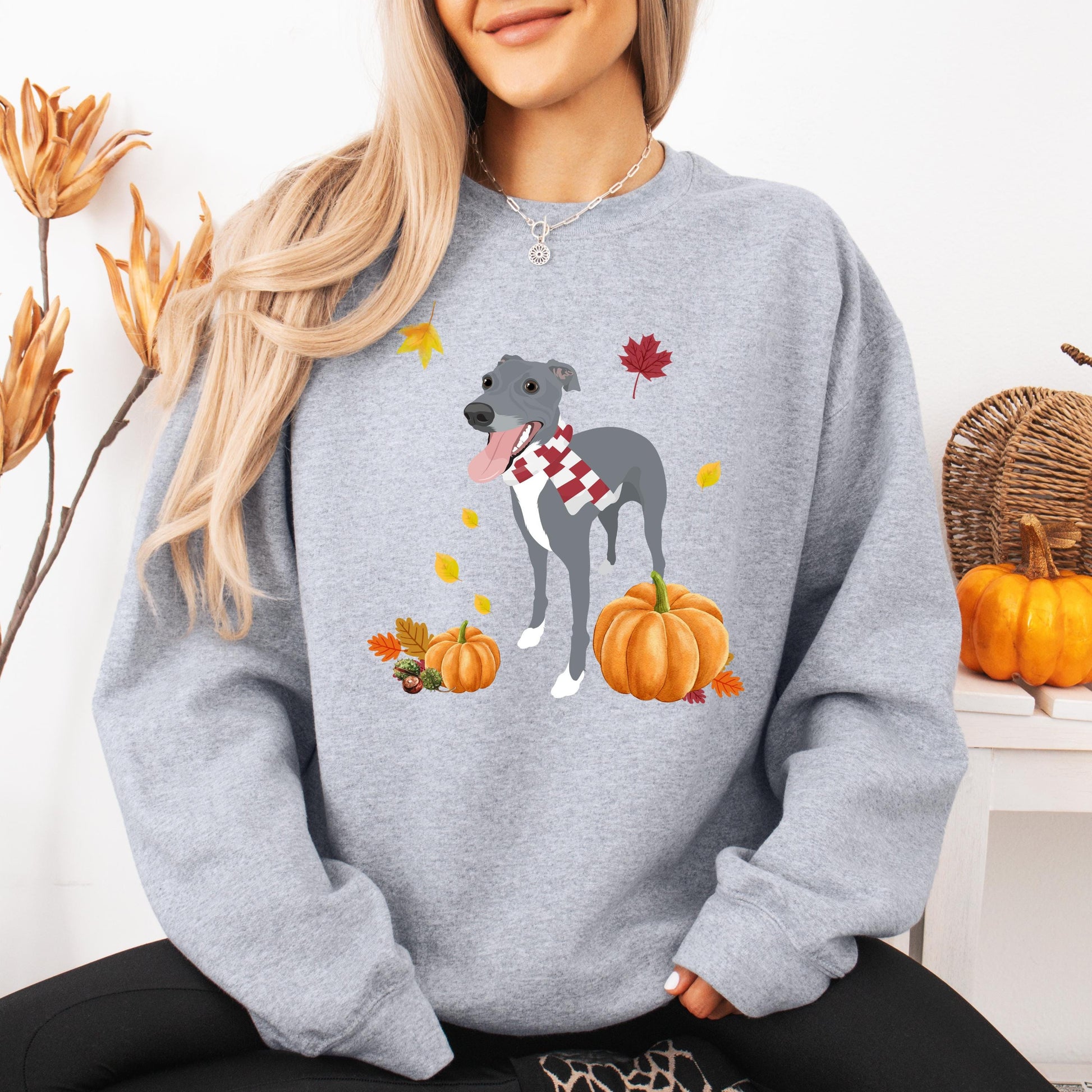 Pumpkin Fall Whippet Shirt, Greyhound sweatshirt, trick and treating sweater, bats ghost dog crewneck, wife Christmas gift, whippet puppy