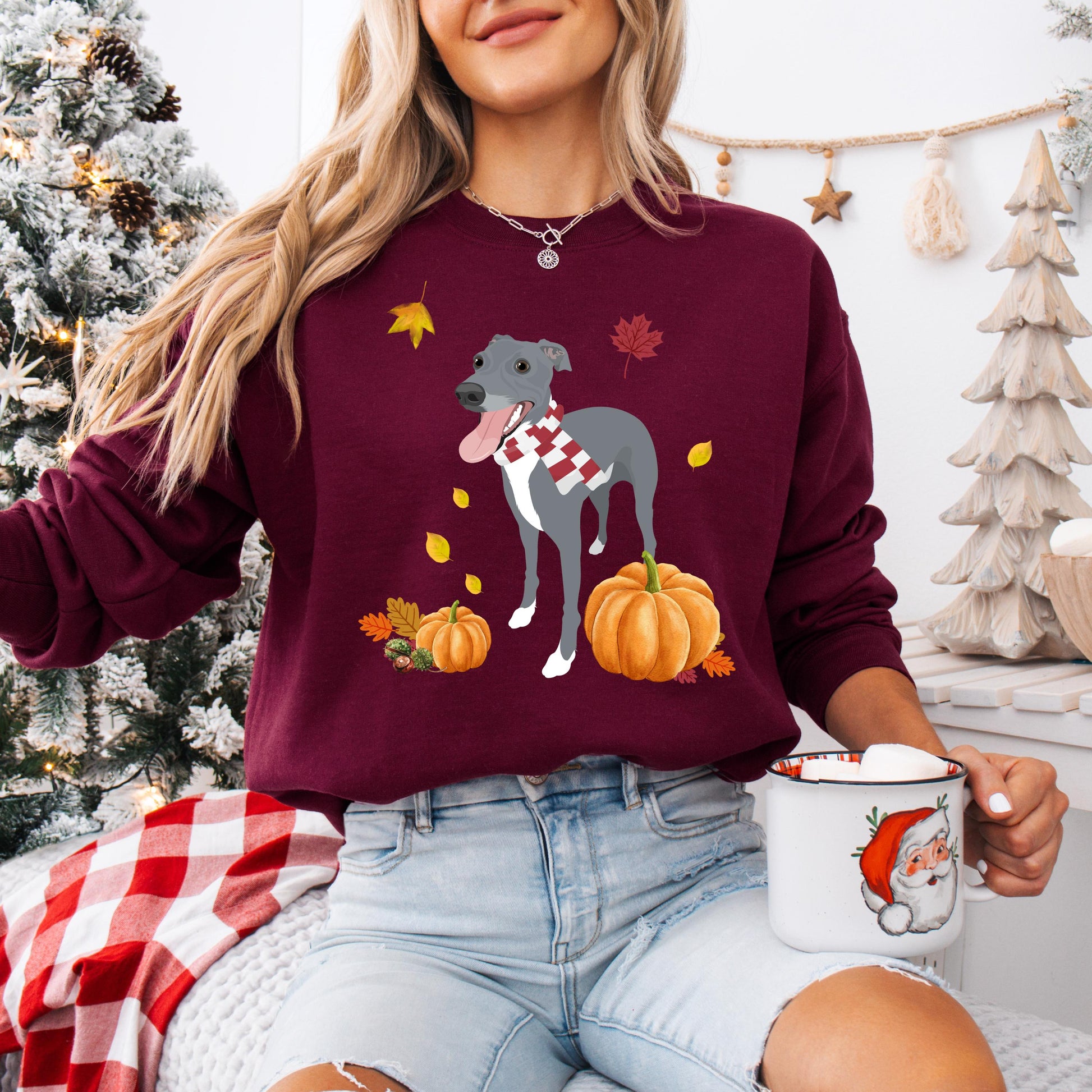Pumpkin Fall Whippet Shirt, Greyhound sweatshirt, trick and treating sweater, bats ghost dog crewneck, wife Christmas gift, whippet puppy
