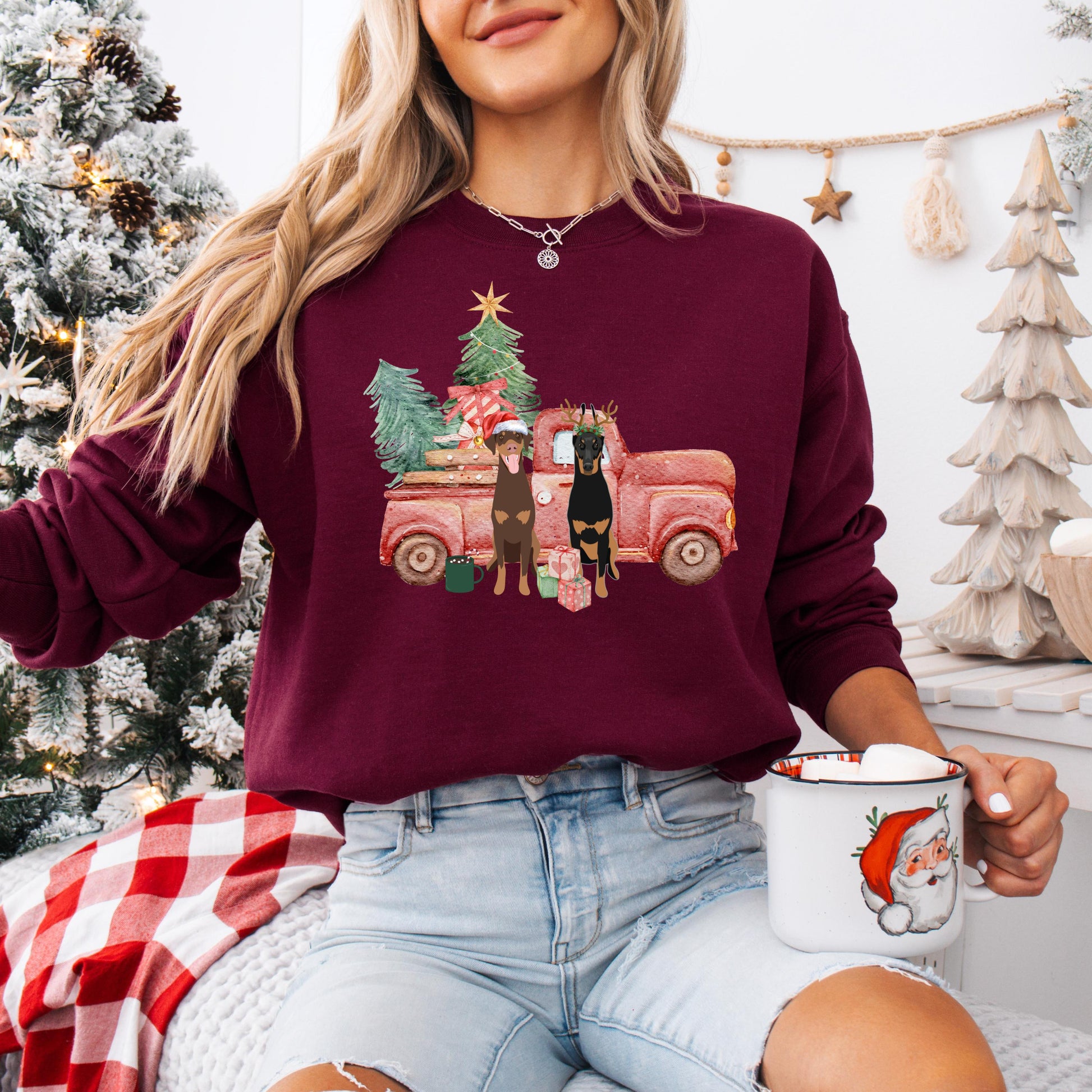 Christmas Truck Doberman Sweatshirt, Doberman Christmas gift for Doberman Owner, dobbie mom shirt, ugly dog xmas sweater, wife birthday gift