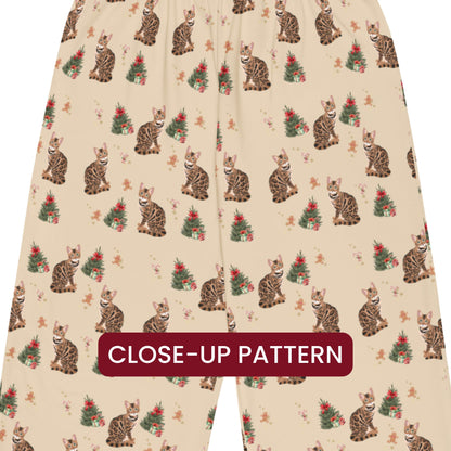 Christmas Bengal Cat Pajama Pants, wide leg unisex cat pants, cat mom gift, bengal gift, bengal pajamas pants, sister birthday gift