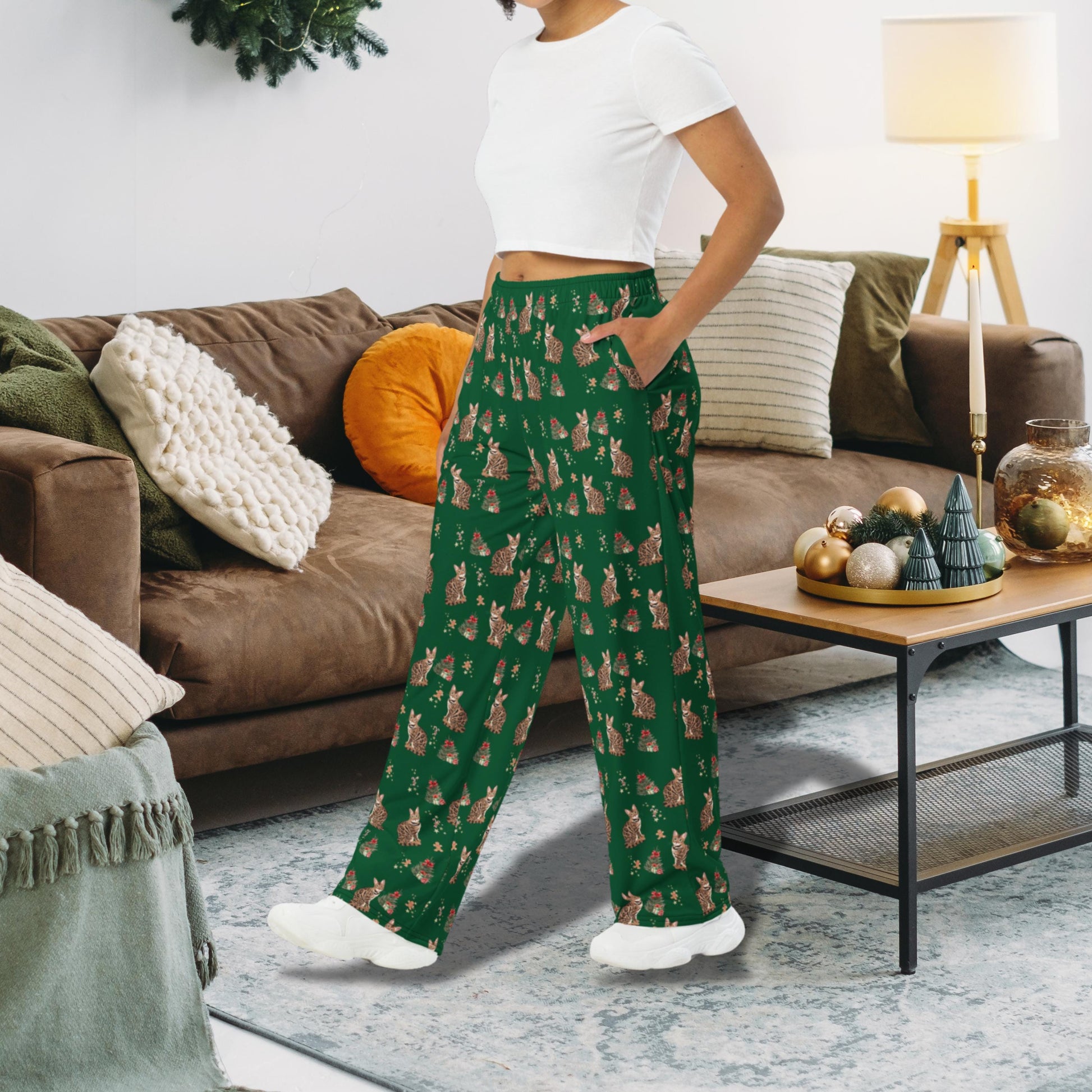 Christmas Bengal Cat Pajama Pants, wide leg unisex cat pants, cat mom gift, bengal gift, bengal pajamas pants, sister birthday gift
