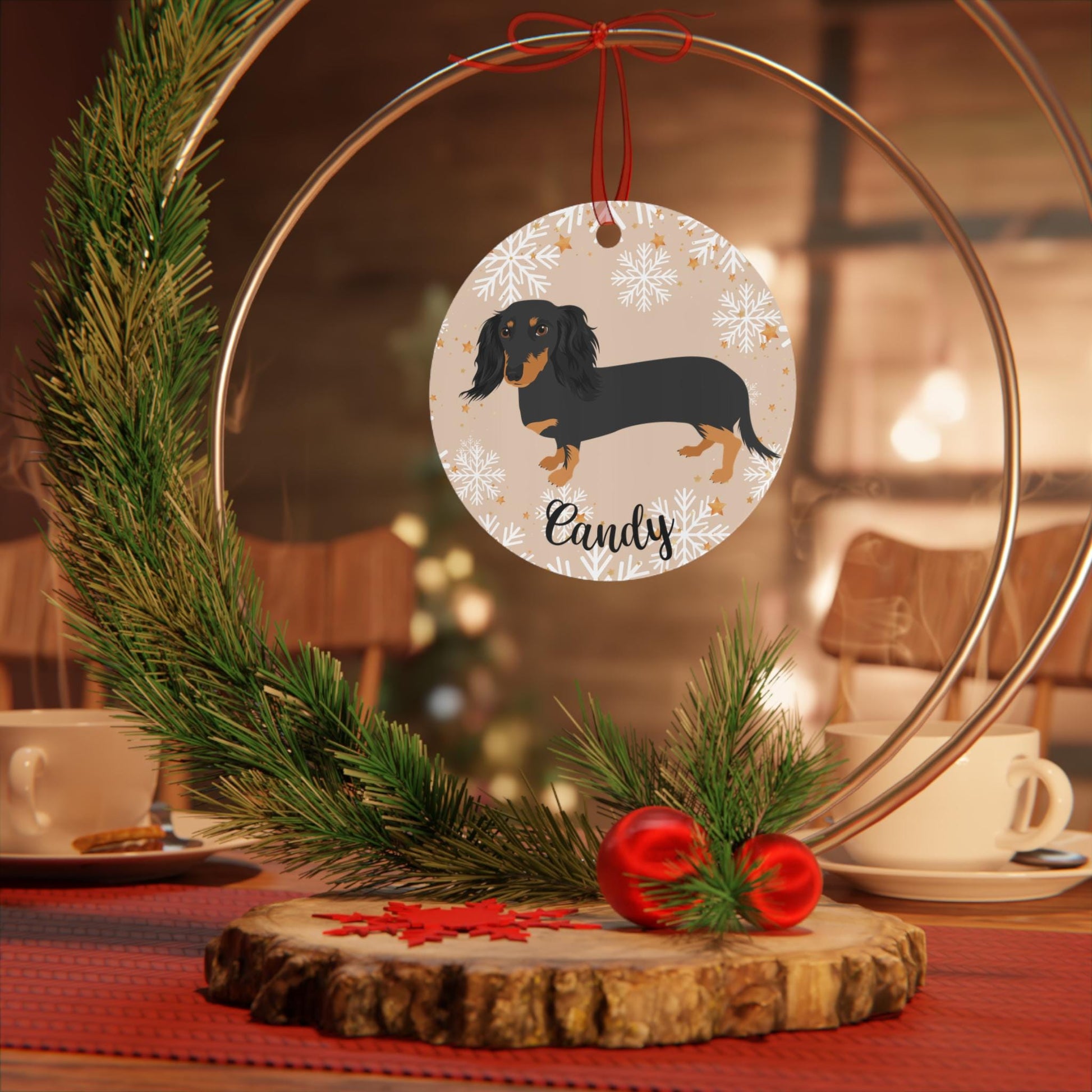 Christmas Dachshund Ornament, dachshund gift, metal ornament, doxie dog holiday decor, sausage dog first Christmas bauble, mom new year gift