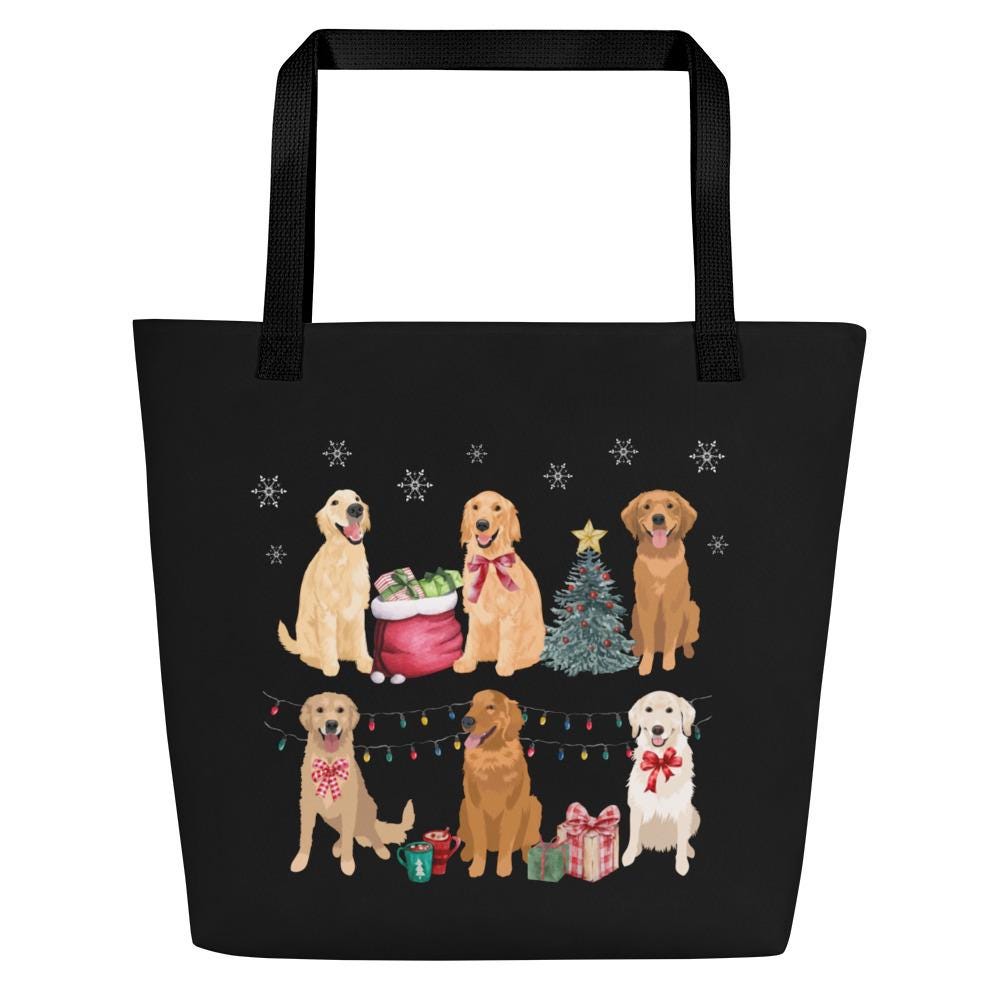 Christmas Golden Retriever tote bag black, golden retriever gifts, best friend birthday gift, new golden puppy gift, black bag, grocery bag