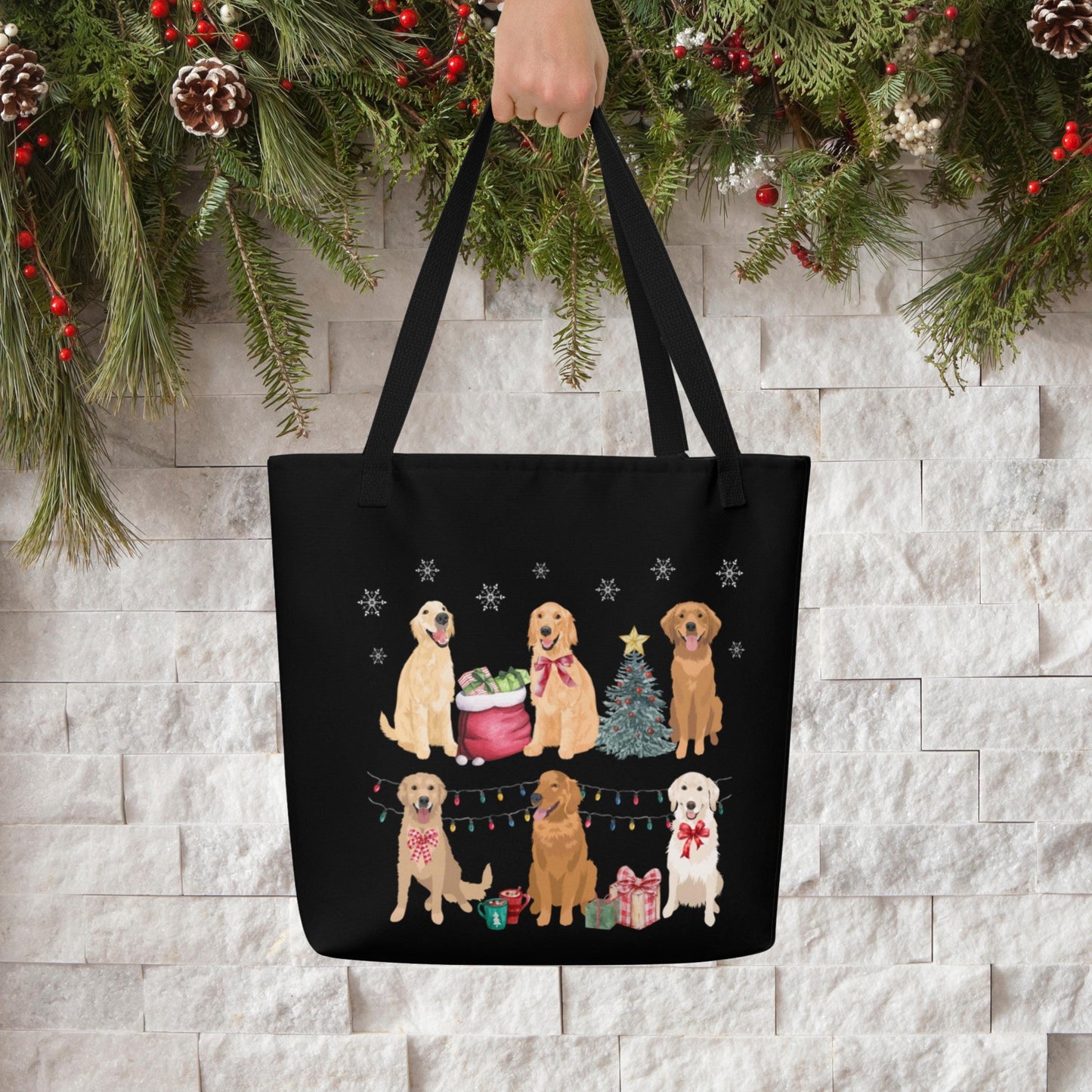 Christmas Golden Retriever tote bag black, golden retriever gifts, best friend birthday gift, new golden puppy gift, black bag, grocery bag