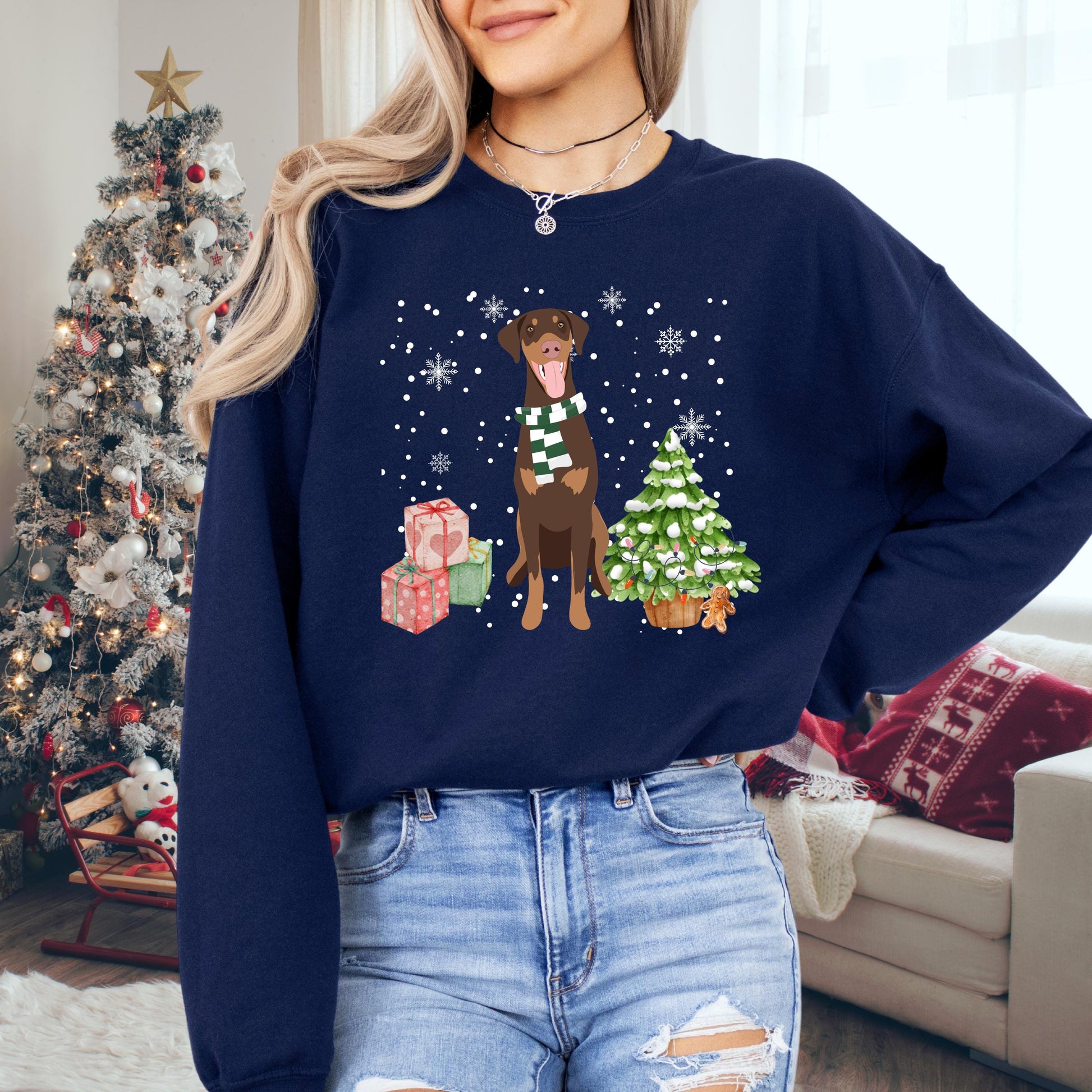 Doberman Christmas Sweater, red doberman sweatshirt, black doberman gift, dobbie dog owner shirt, Christmas dog sweater, ugly xmas sweater