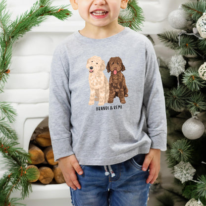 A kid wearing a Goldendoodle shirt with long sleeves