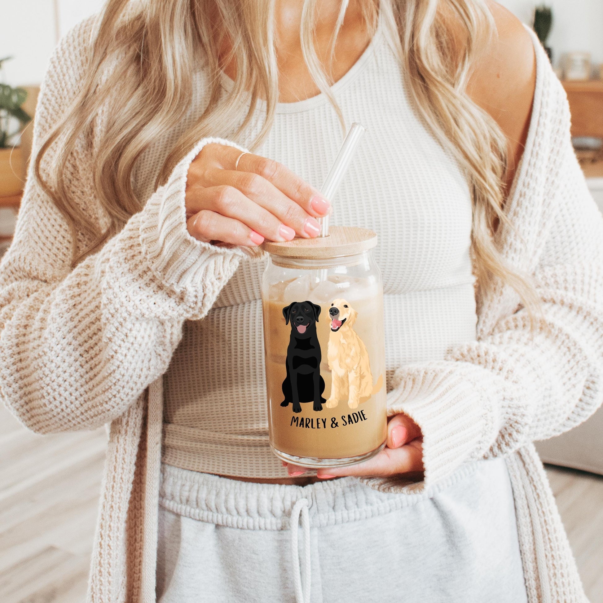 Mix & Match Dog Breed Cup, 16oz can glass with lid and straw, goldendoodle, labrador retriever, doberman, german shepherd, golden retriever