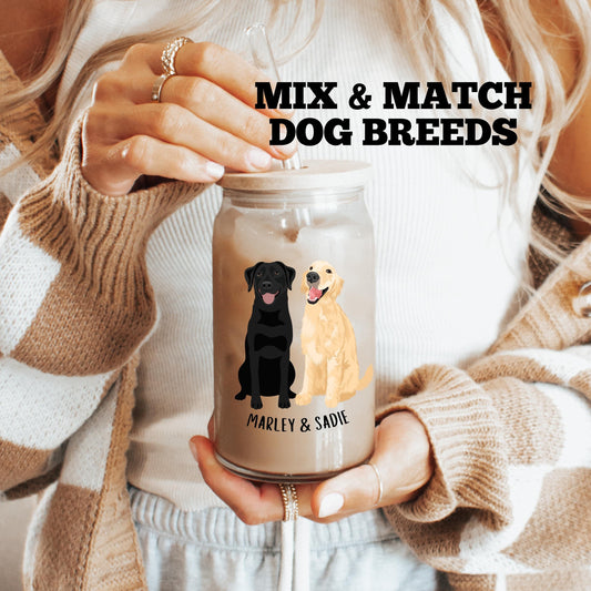 Mix & match dog breed cup 16oz can glass with lid and straw