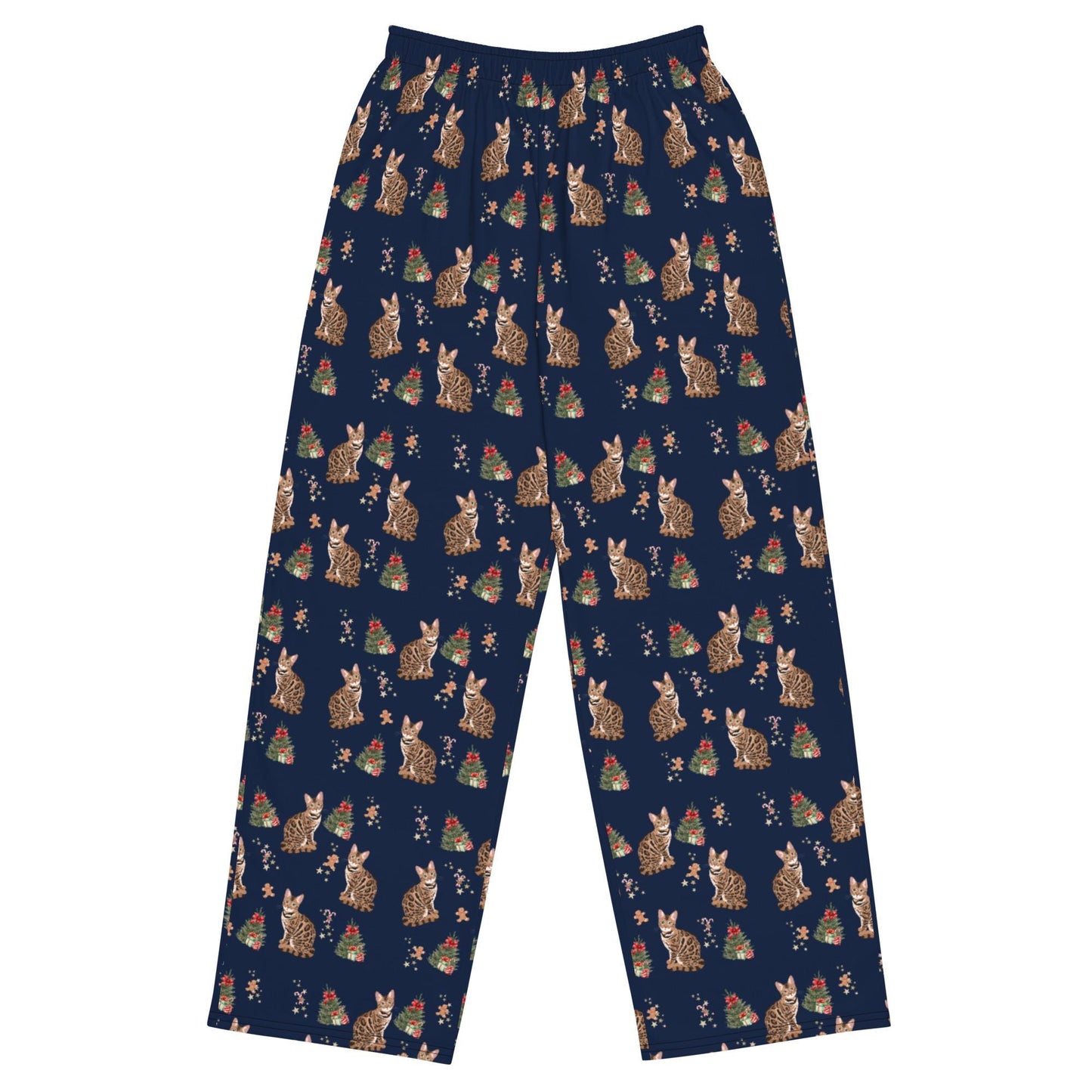 Christmas Bengal Cat Pajama Pants, wide leg unisex cat pants, cat mom gift, bengal gift, bengal pajamas pants, sister birthday gift