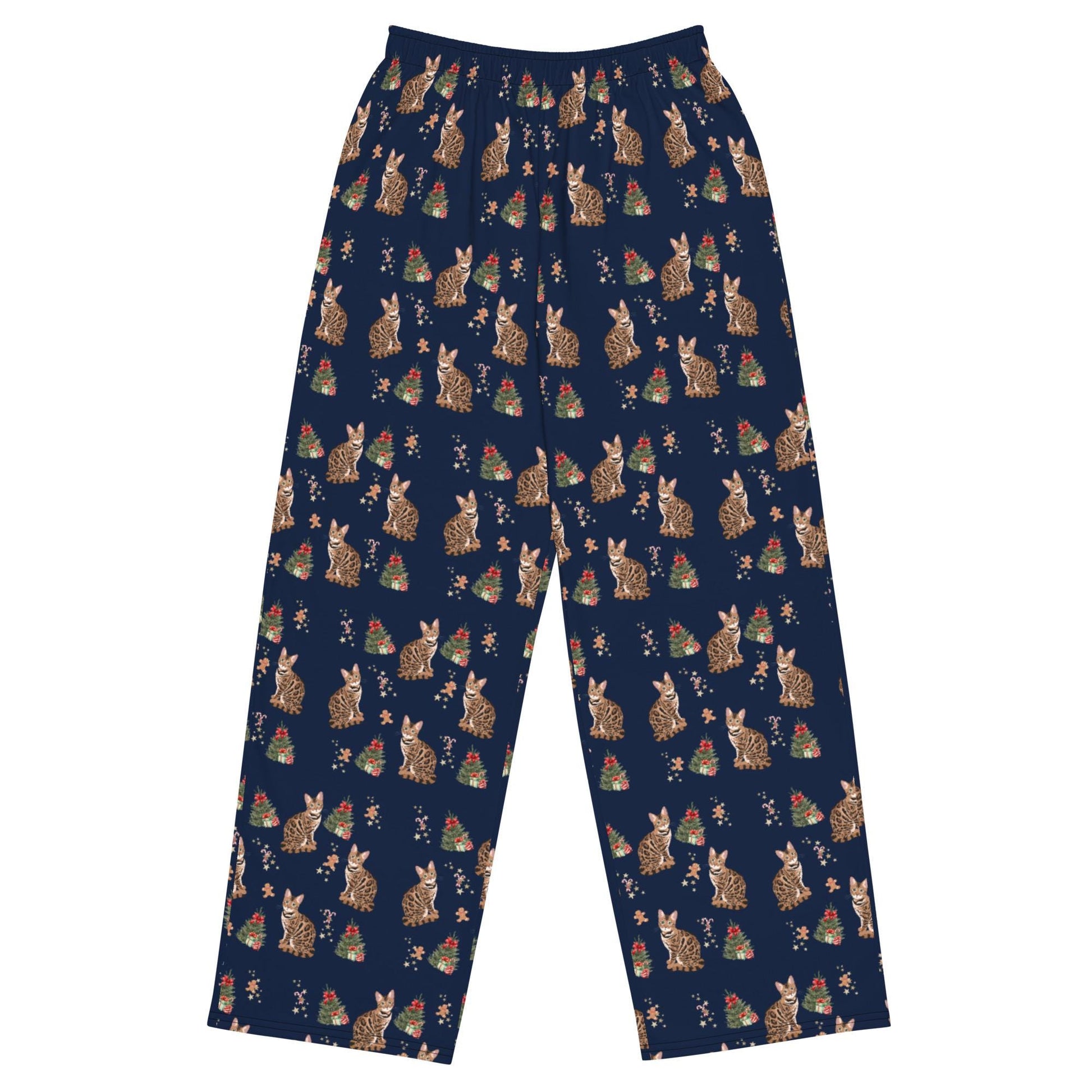 Christmas Bengal Cat Pajama Pants, wide leg unisex cat pants, cat mom gift, bengal gift, bengal pajamas pants, sister birthday gift