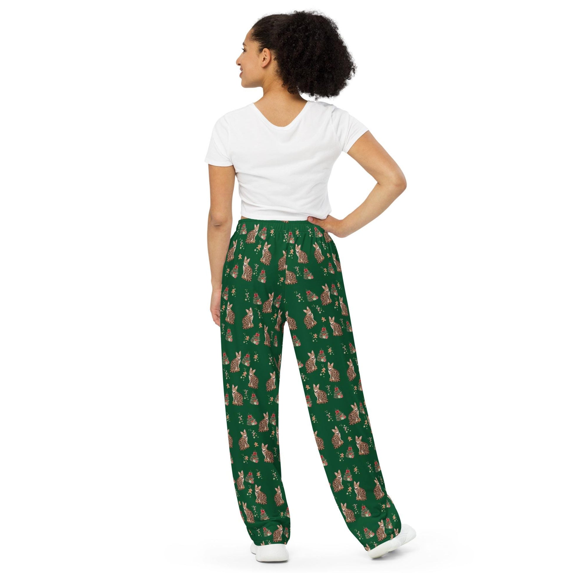 Christmas Bengal Cat Pajama Pants, wide leg unisex cat pants, cat mom gift, bengal gift, bengal pajamas pants, sister birthday gift
