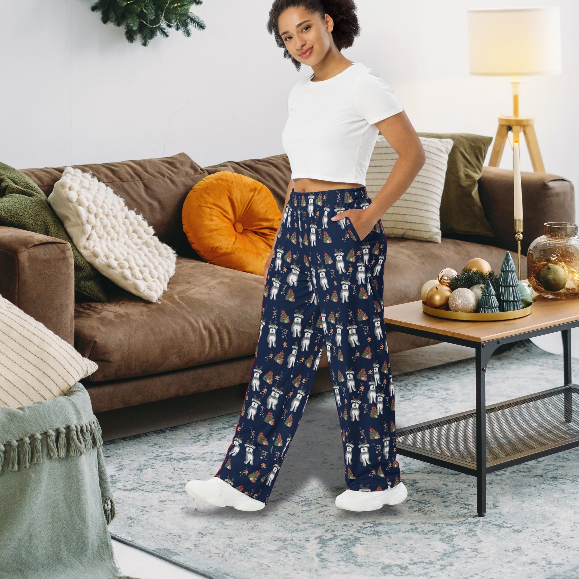 Christmas Schnauzer Pajama Pants, wide leg unisex schnauzer dog pants mom gift, schnauzer gift, dog pajamas pants, sister birthday gift