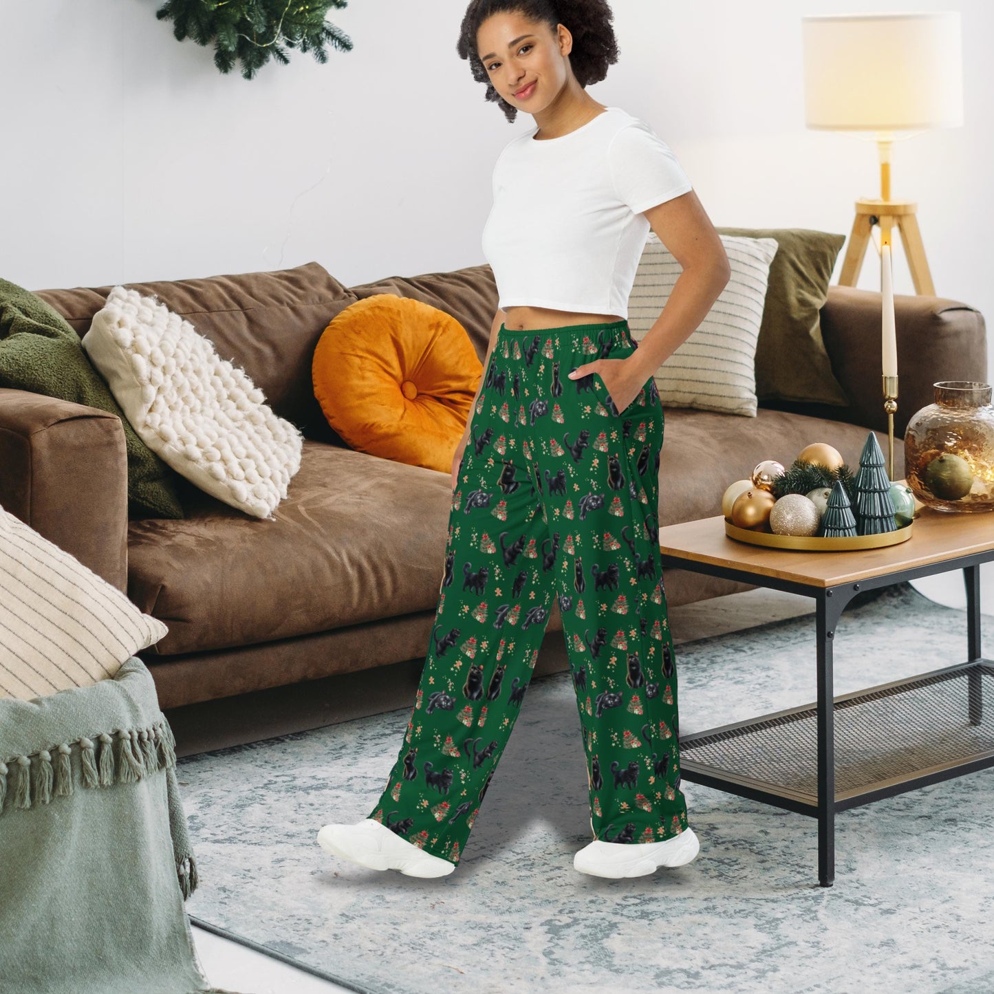 Christmas Black Cat Pajama Pants, wide leg unisex cat pants, cat gift, kitten gift, cat pajama pants, cat mom pjs, sister birthday gift