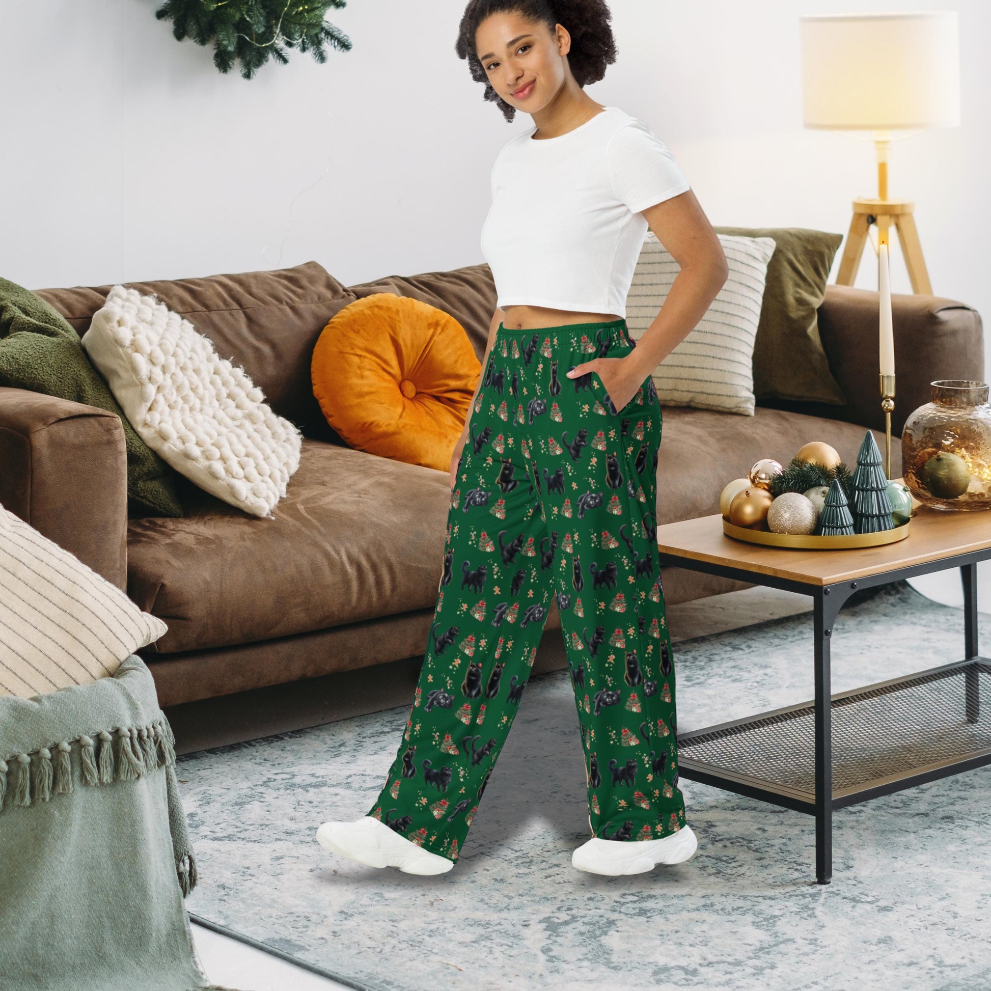 Christmas Black Cat Pajama Pants, wide leg unisex cat pants, cat gift, kitten gift, cat pajama pants, cat mom pjs, sister birthday gift