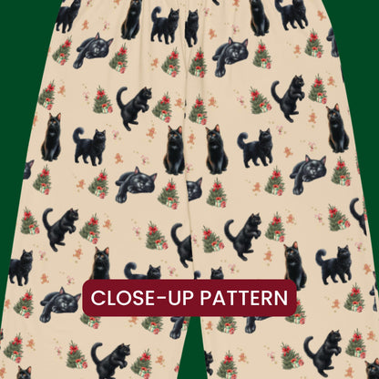 Christmas Black Cat Pajama Pants, wide leg unisex cat pants, cat gift, kitten gift, cat pajama pants, cat mom pjs, sister birthday gift