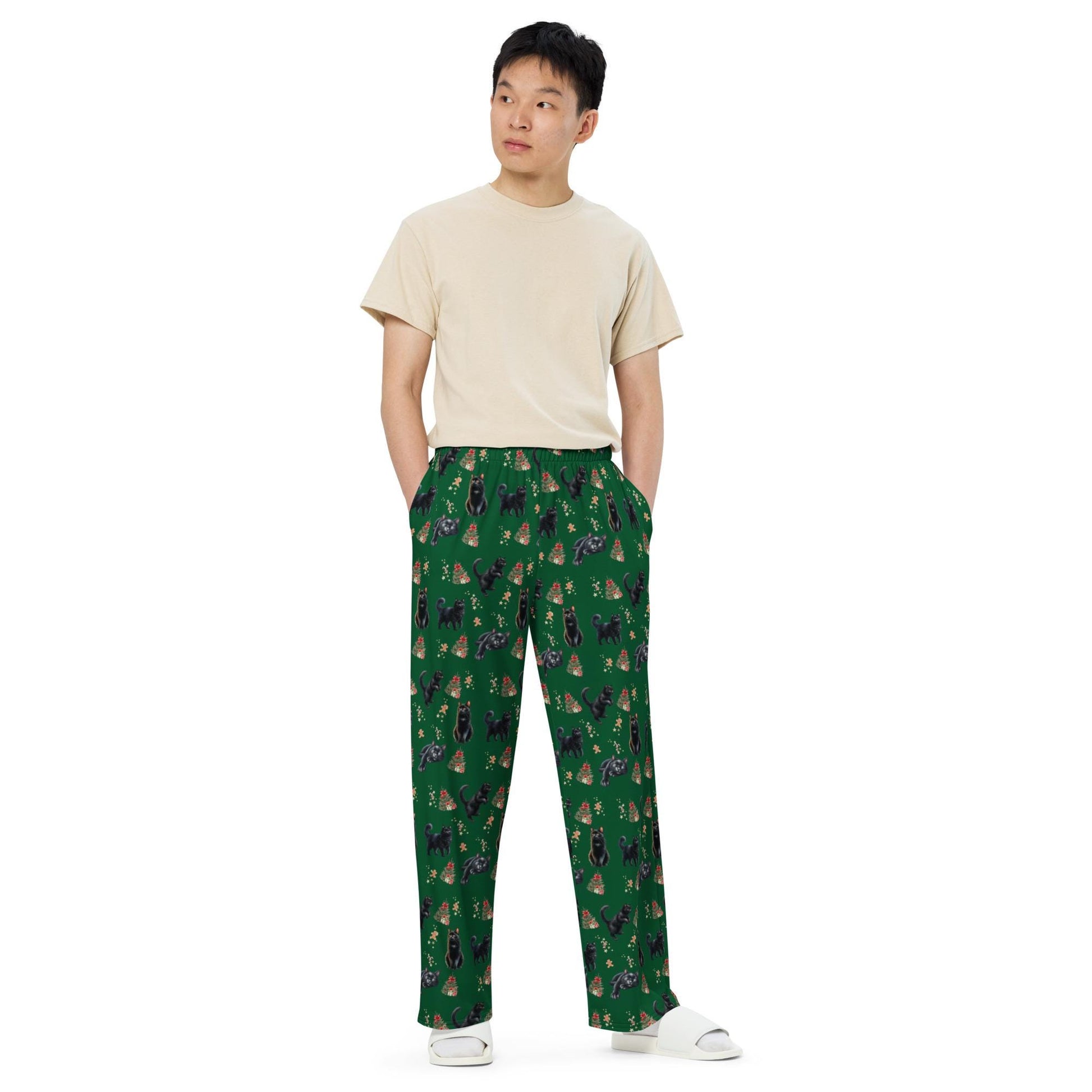 Christmas Black Cat Pajama Pants, wide leg unisex cat pants, cat gift, kitten gift, cat pajama pants, cat mom pjs, sister birthday gift