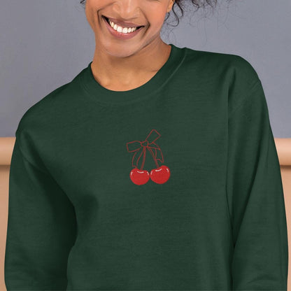 Embroidered Red Cherry Bow Sweatshirt, cherry bow minimalist shirt, Pinterest aesthetic, girly social club, trendy xmas bestie gift