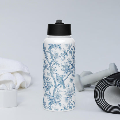Toile de Jouy blue birds stainless steel water bottle with a straw lid 32oz