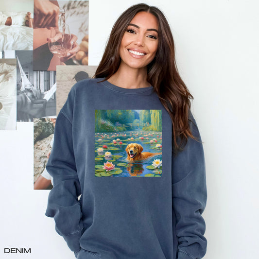 Claude Monet inspired Golden retriever sweatshirt lily pond artwork modification