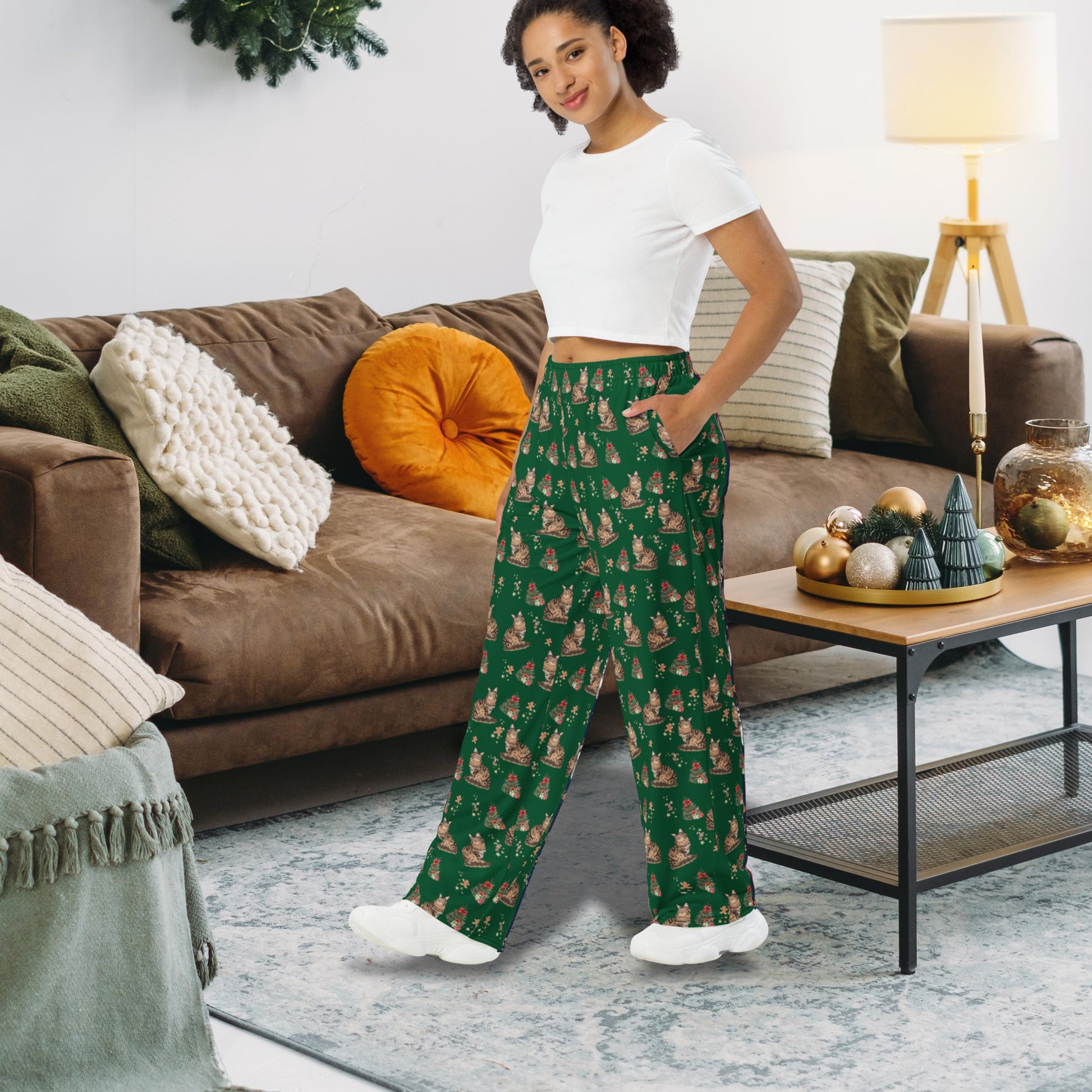 Christmas Maine Coon Cat Pajama Pants, wide leg unisex cat pants, cat gift, kitten gift, cat pajama pants, cat mom pjs, sister birthday gift