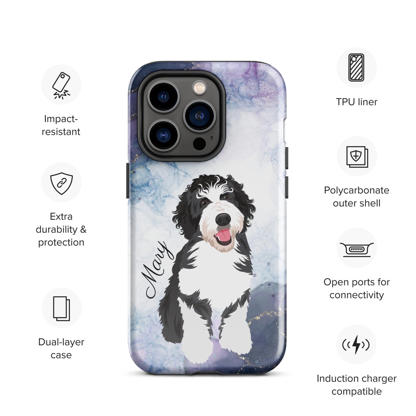 Personalized Blue Marble Black Labradoodle phone case, Golden doodle gifts, doodle phone cover, Bernedoodle, wife birthday gift, doodle mama