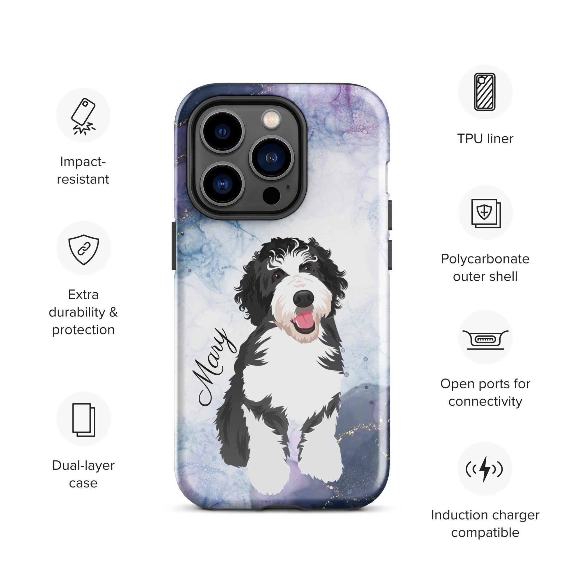 Personalized Blue Marble Black Labradoodle phone case, Golden doodle gifts, doodle phone cover, Bernedoodle, wife birthday gift, doodle mama
