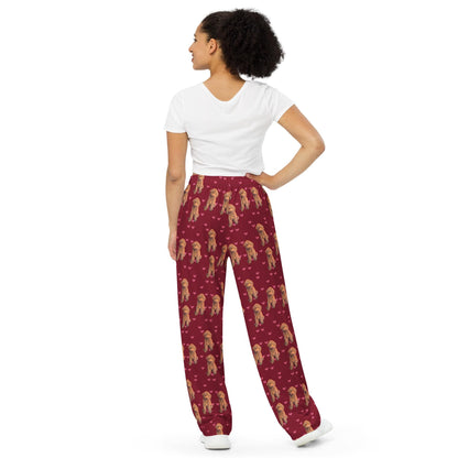 Hearts Red Goldendoodle Pajama Pants, wide leg unisex dog pant mom gift, doodle gift, dog pajama pants, sister birthday gift, valentines day