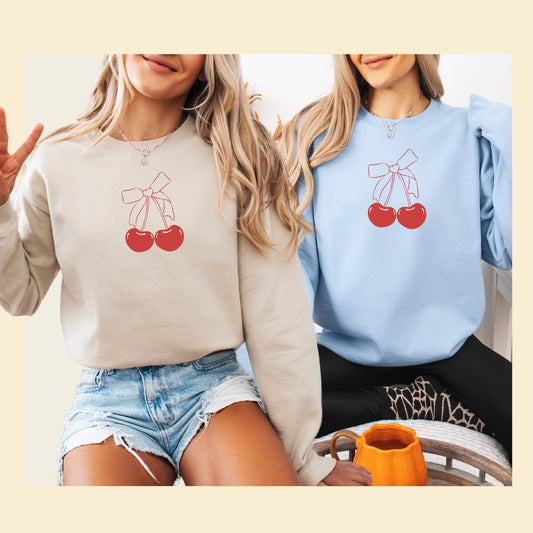 Red Cherry Bow Sweatshirt, cherry & bow oversize minimalist shirt, Pinterest aesthetic, girly social club, trendy pink pow, xmas bestie gift