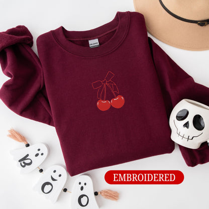 Embroidered red cherry bow sweatshirt