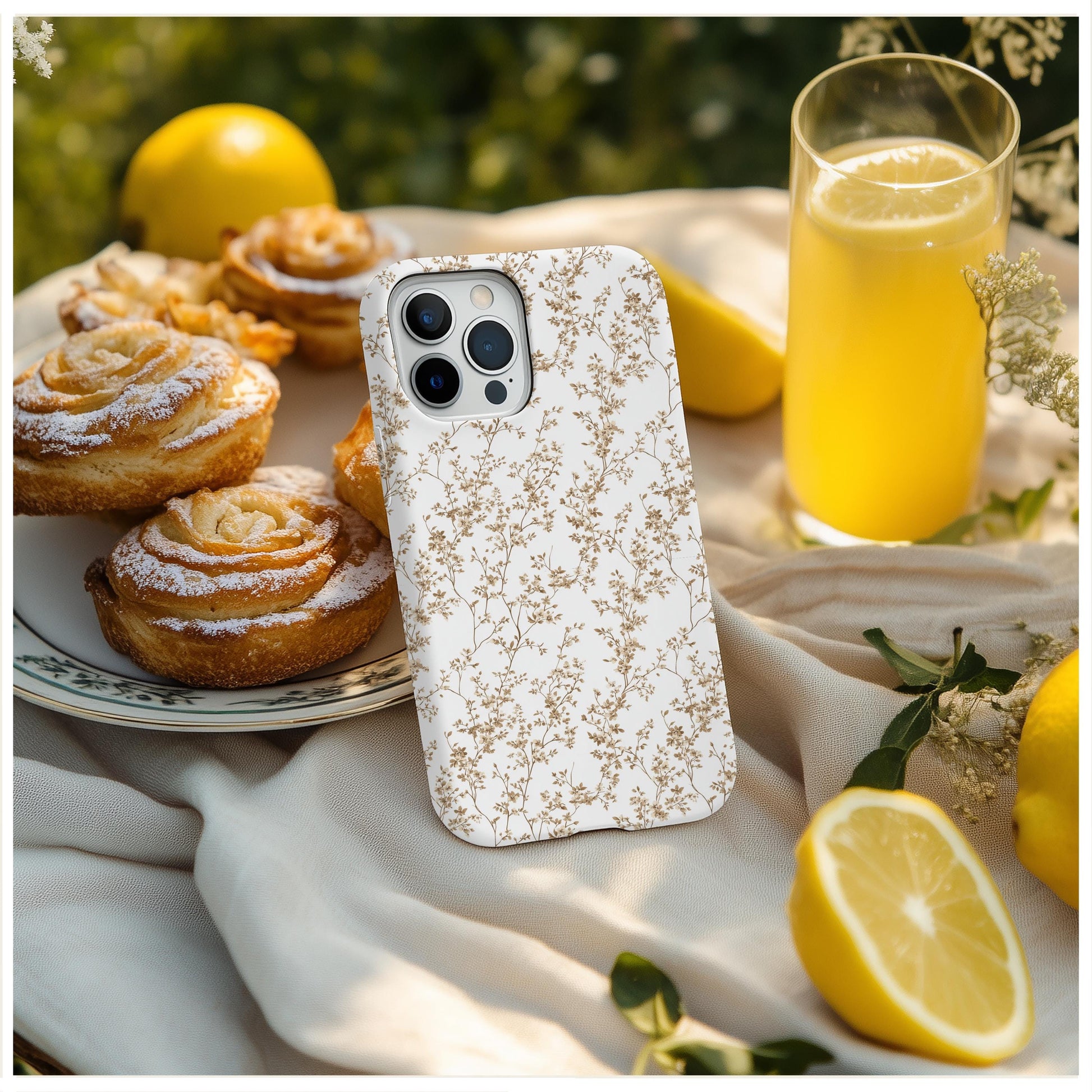 Toile De Jouy Gold Flower Phone Case, for iPhone, Android, Google Pixel, case floral cottagecore aesthetic, birthday wife gift, gift for her