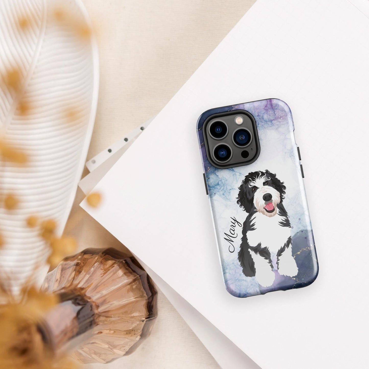 Personalized Blue Marble Black Labradoodle phone case, Golden doodle gifts, doodle phone cover, Bernedoodle, wife birthday gift, doodle mama