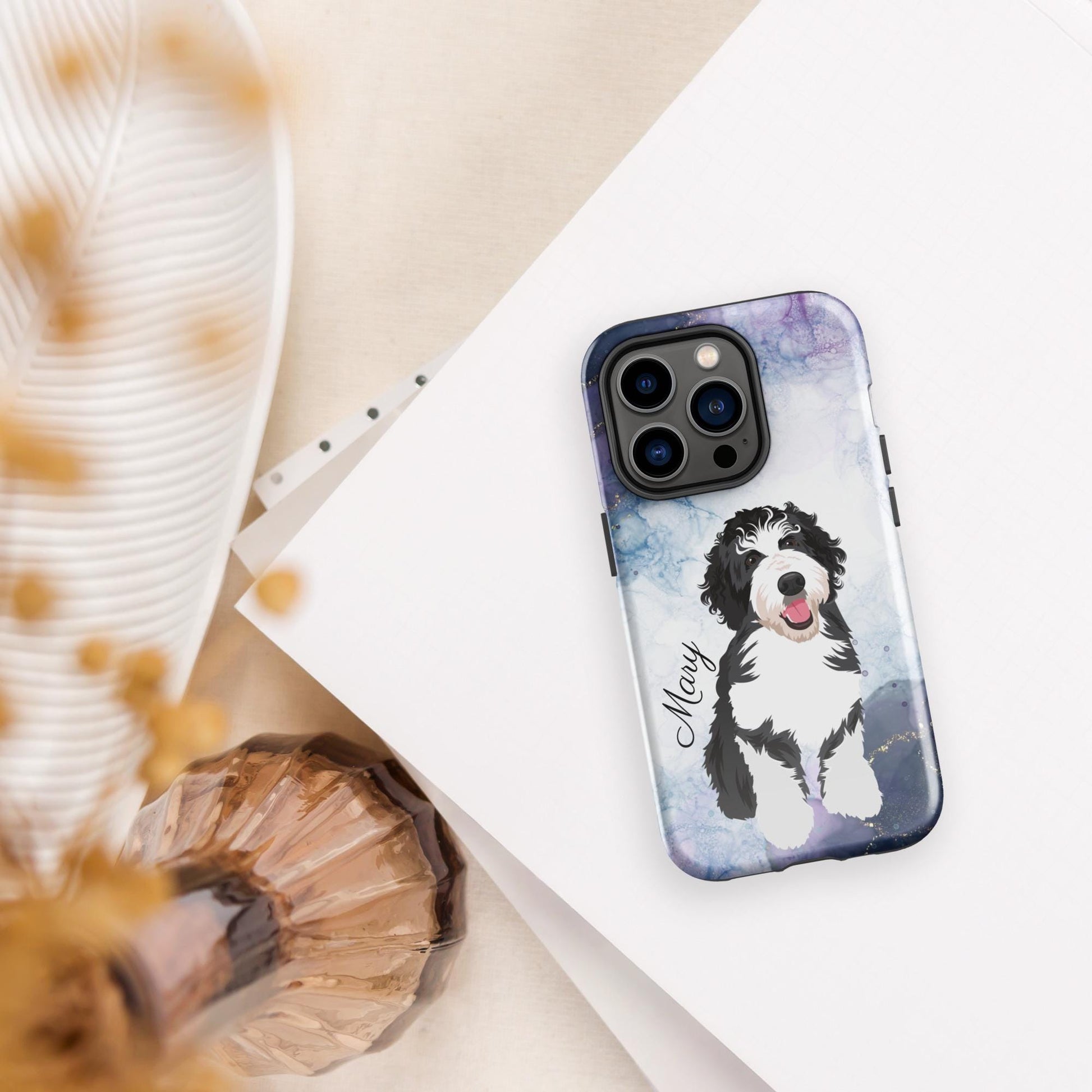 Personalized Blue Marble Black Labradoodle phone case, Golden doodle gifts, doodle phone cover, Bernedoodle, wife birthday gift, doodle mama