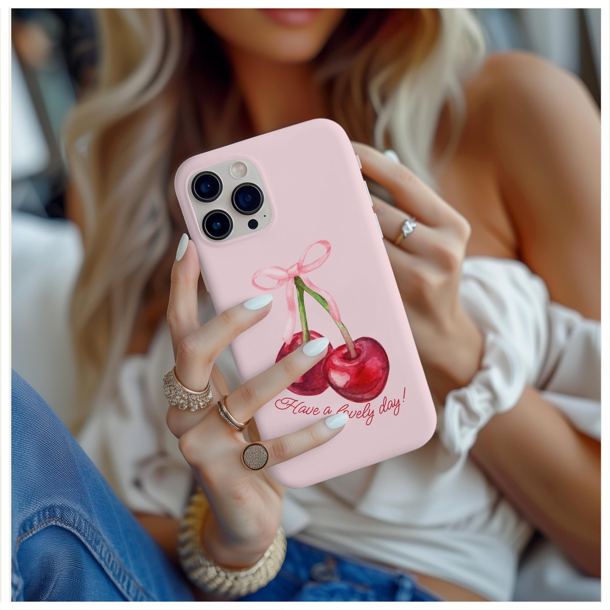 Coquette Cherry Bow Have a Lovely Day Phone Case, for iPhone, Android, Google Pixel, y2k aesthetic, gift for her, sister birthday gift