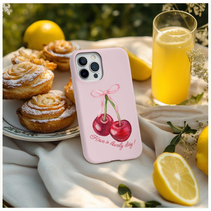 Coquette Cherry Bow Have a Lovely Day Phone Case, for iPhone, Android, Google Pixel, y2k aesthetic, gift for her, sister birthday gift