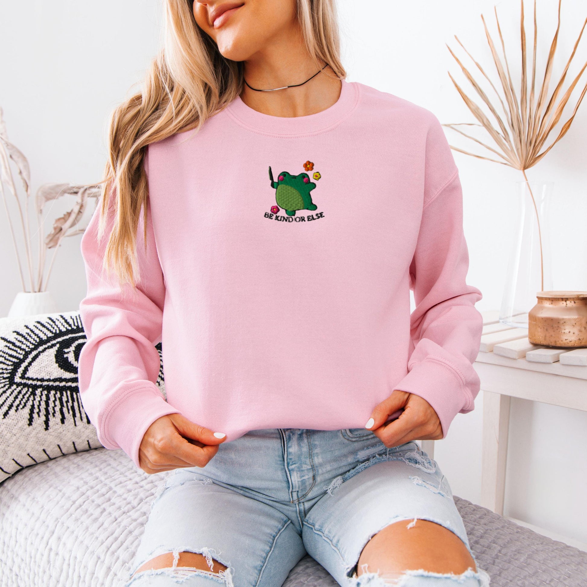 Embroidered Be Kind Or Else Frog Sweatshirt, sarcastic gift, funny y2k aesthetic college girlie shirt, dutecore gift for her, mom gift