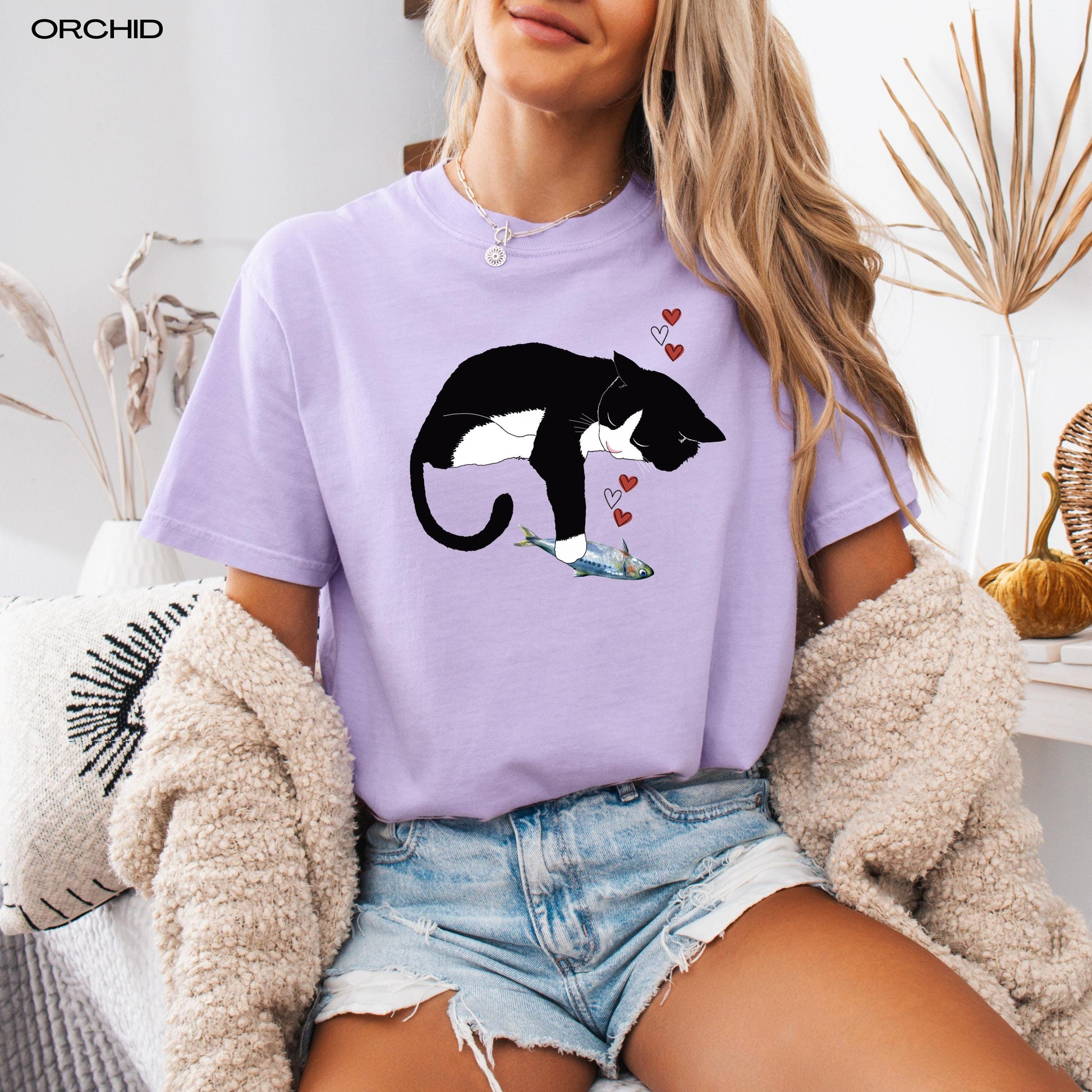 Black Cat Sardine Shirt, comfort colors t-shirt, cutecore, cat gifts, mothers day gift, girlfriend birthday gift, cat mom sweater