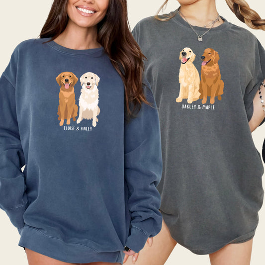 Personalized golden retriever t-shirt and sweatshirt on comfort colors 1655 sweater and cc1717 shirt - gift for golden mom.