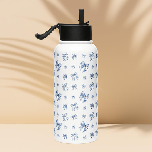 Toile de jouy blue bows stainless steel water bottle with a straw lid - gym girl gift