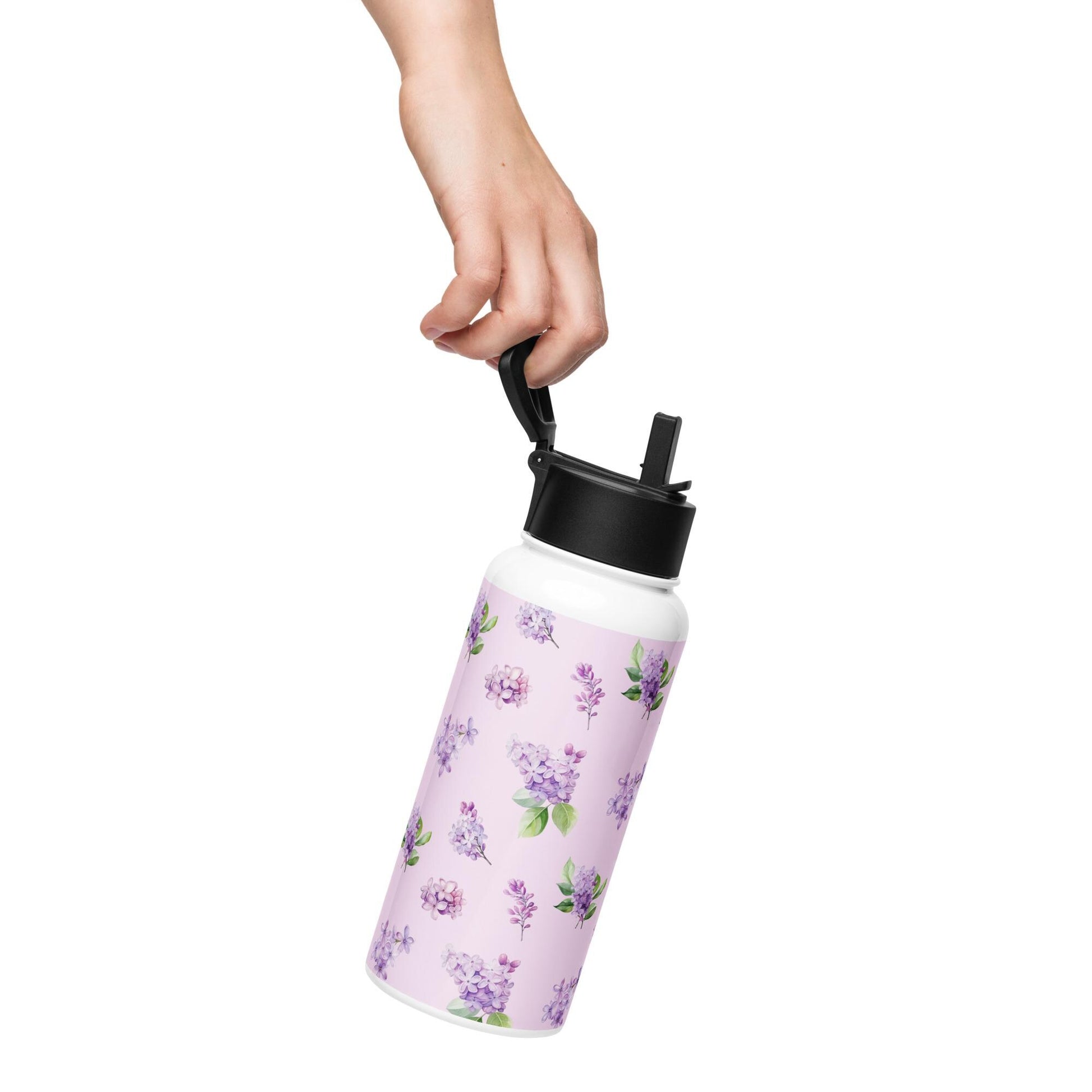 Lilac Flowers Stainless Steel Water Bottle with a straw lid, gym girl gift, fitness water bottle, yoga gift, workout accessories, dog walker