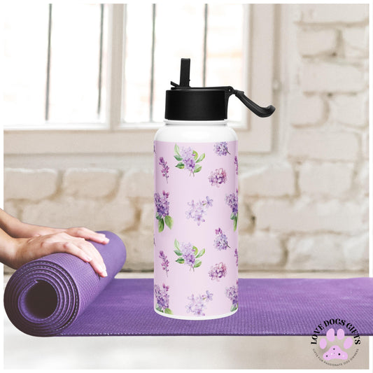 Lilac flowers stainless steel water bottle with a straw lid - gym girl gift