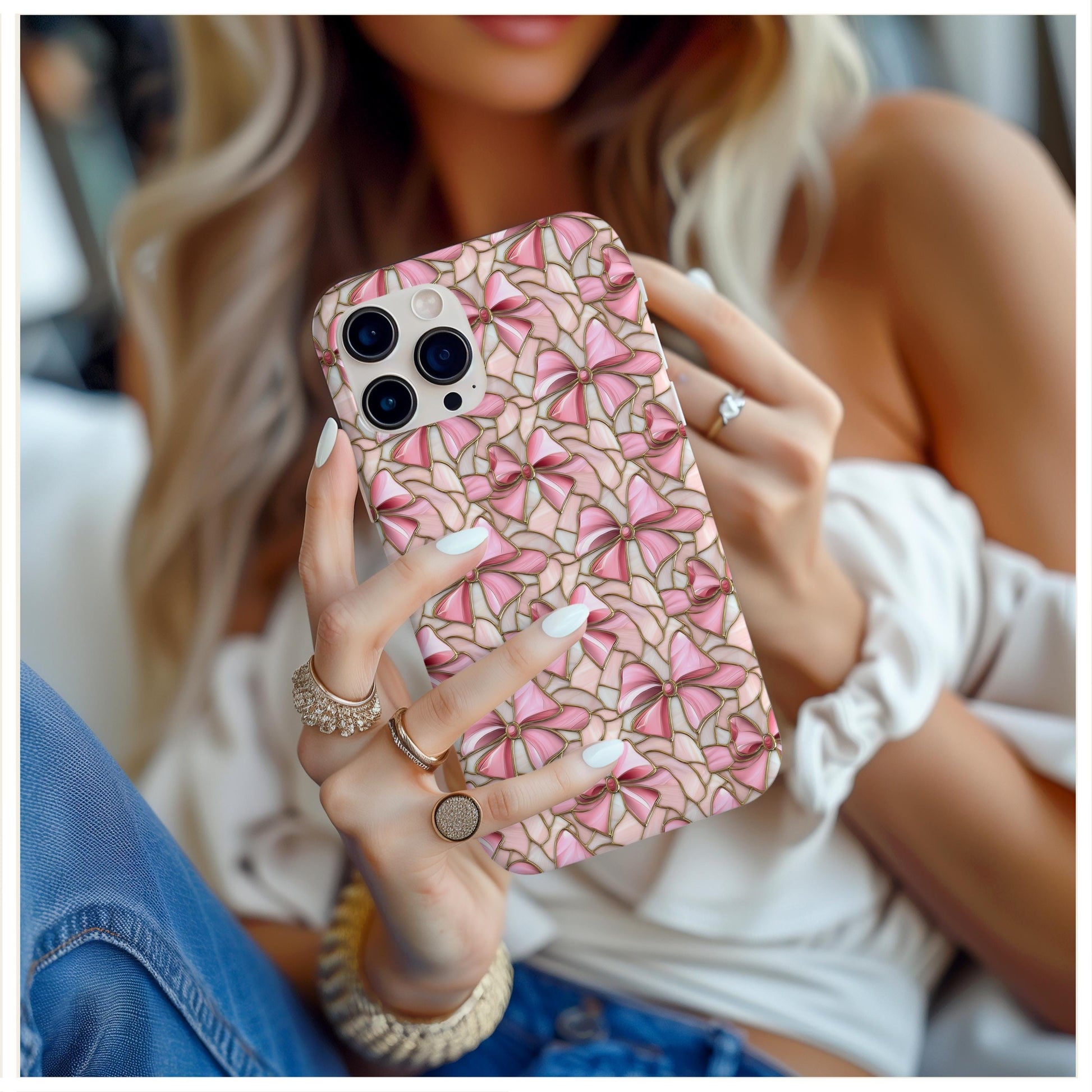 Valentine Day Coquette Stained Glass Pink Bow Phone Case for iPhone, for Samsung, for Google Pixel, gift for her, girlfriend, wife birthday