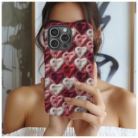 Valentine day knitted heart phone case for iPhone, for Samsung Galaxy, for Google Pixel models - ideal yarn lover gift for her
