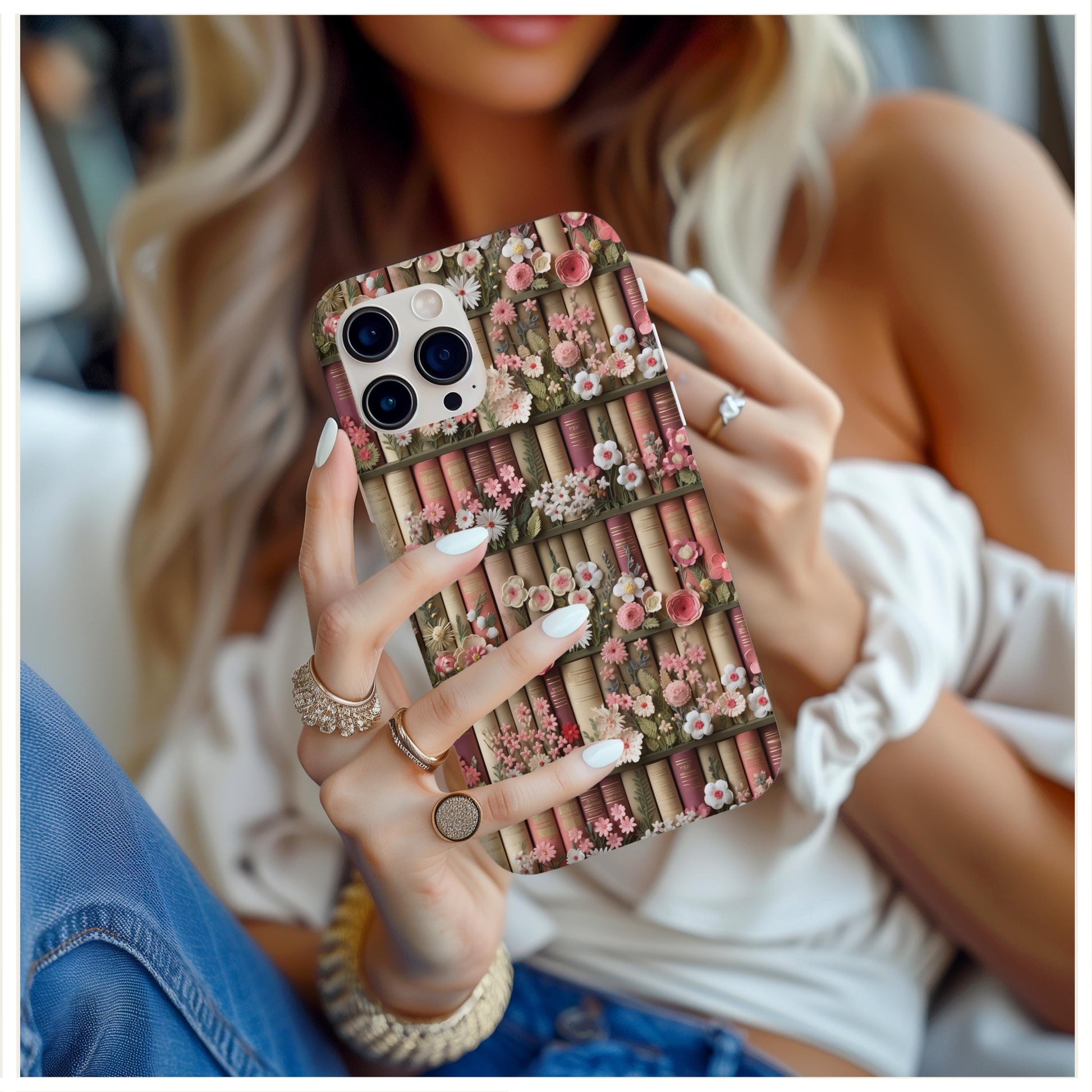 Cute bookish Floral Phone Case, cottagecore phone cover, book lover gift, book aesthetic, 3d look, gift for her, for iPhone 16 pro max