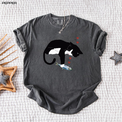 Black Cat Sardine Shirt, comfort colors t-shirt, cutecore, cat gifts, mothers day gift, girlfriend birthday gift, cat mom sweater