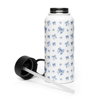 Toile De Jouy Blue Bows Stainless Steel Water Bottle with a straw lid, gym girl gift, fitness water bottle, yoga gift, workout accessories