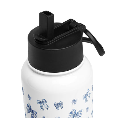 Toile De Jouy Blue Bows Stainless Steel Water Bottle with a straw lid, gym girl gift, fitness water bottle, yoga gift, workout accessories