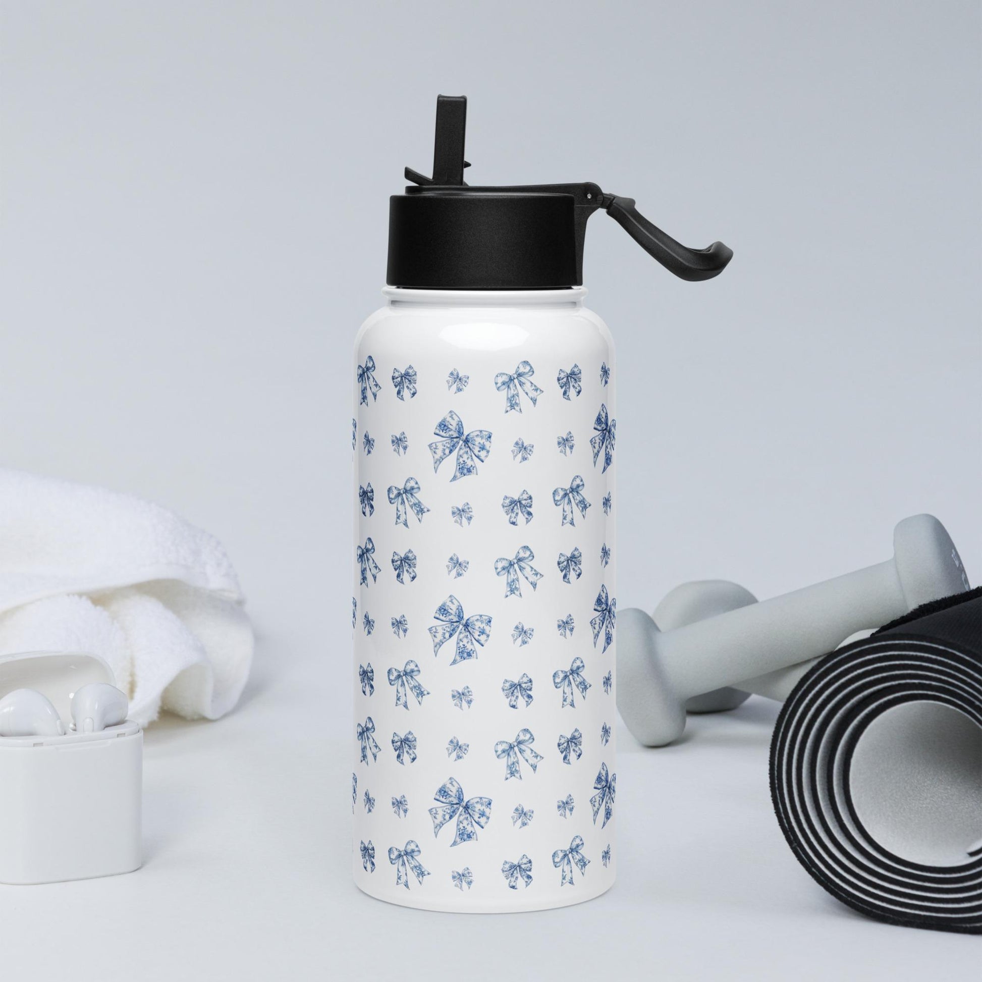 Toile De Jouy Blue Bows Stainless Steel Water Bottle with a straw lid, gym girl gift, fitness water bottle, yoga gift, workout accessories